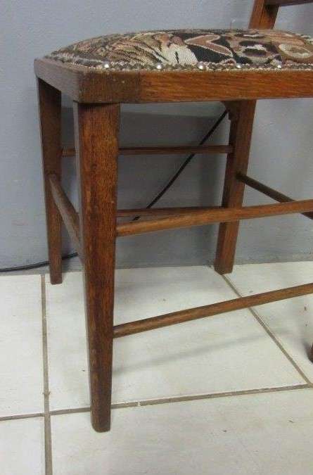 Two antique Edwardian solid oak upholstered T-back dining/ occasional chairs - bid/chair / RS17Sale