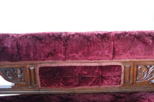 **RS17_Clearance** Edwardian antique carved oak chaise longue w/ period red velvet upholstery