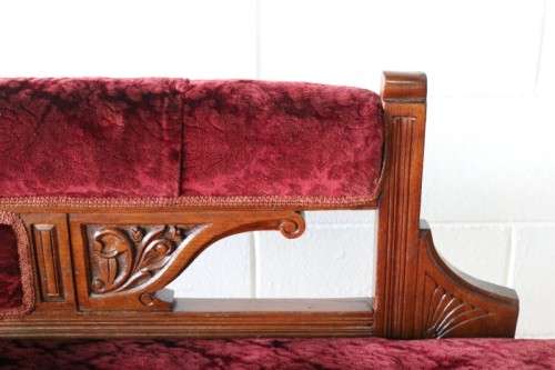 **RS17_Clearance** Edwardian antique carved oak chaise longue w/ period red velvet upholstery