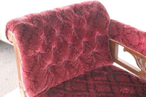 **RS17_Clearance** Edwardian antique carved oak chaise longue w/ period red velvet upholstery