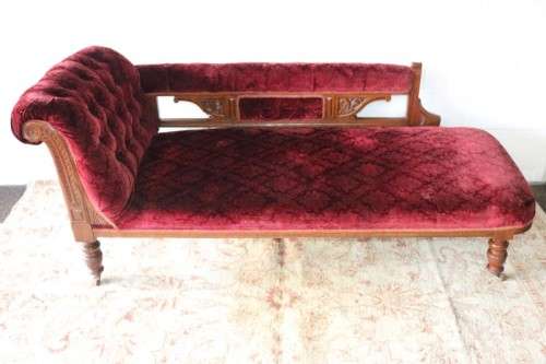 **RS17_Clearance** Edwardian antique carved oak chaise longue w/ period red velvet upholstery