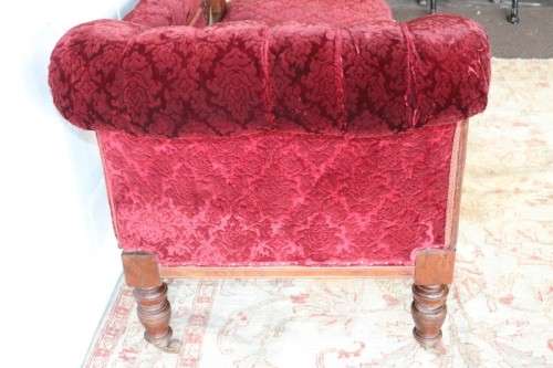 **RS17_Clearance** Edwardian antique carved oak chaise longue w/ period red velvet upholstery