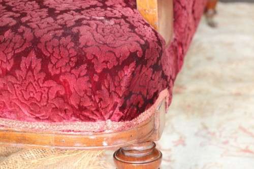 **RS17_Clearance** Edwardian antique carved oak chaise longue w/ period red velvet upholstery