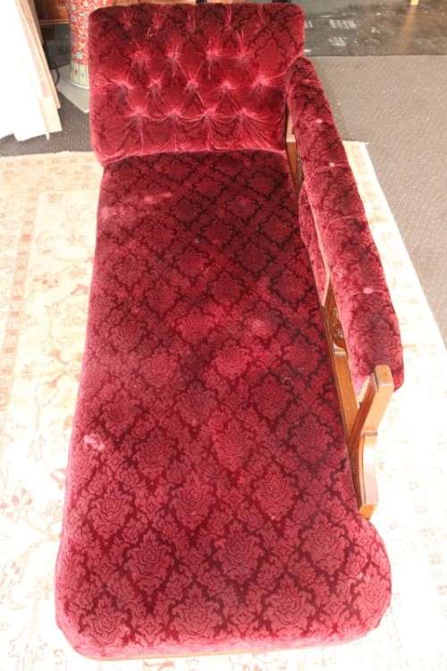**RS17_Clearance** Edwardian antique carved oak chaise longue w/ period red velvet upholstery