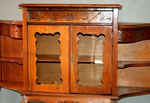 A fabulous antique Victorian Yew wood display/ book cabinet with scroll carved detailing & drawer