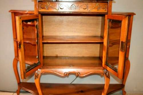 A fabulous antique Victorian Yew wood display/ book cabinet with scroll carved detailing & drawer