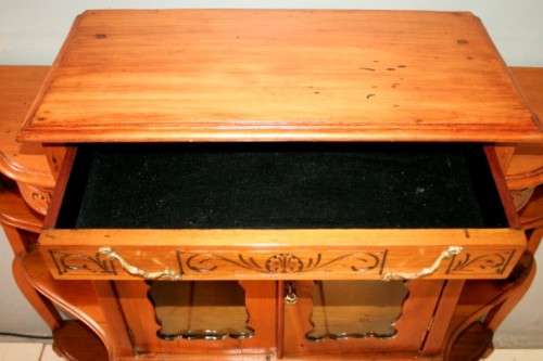 A fabulous antique Victorian Yew wood display/ book cabinet with scroll carved detailing & drawer