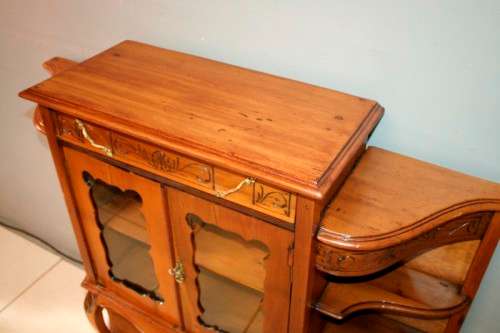 A fabulous antique Victorian Yew wood display/ book cabinet with scroll carved detailing & drawer