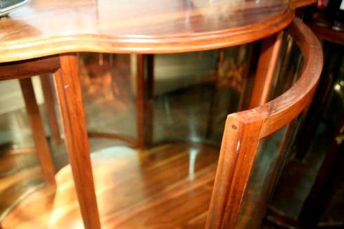 A stunning and beautifully made curved glass Teak show cabinet with solid brass embellishments