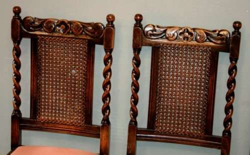 Six rare antique Victorian solid oak hand carved chairs with barley-twist uprights - price / chair