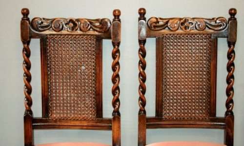 Six rare antique Victorian solid oak hand carved chairs with barley-twist uprights - price / chair