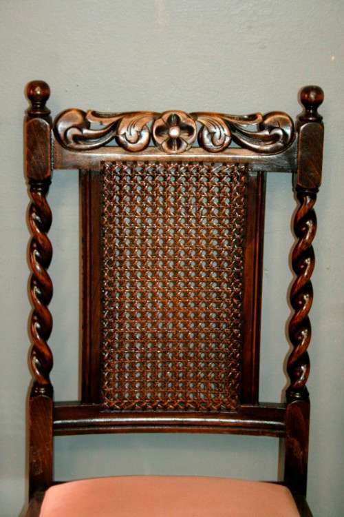 Six rare antique Victorian solid oak hand carved chairs with barley-twist uprights - price / chair
