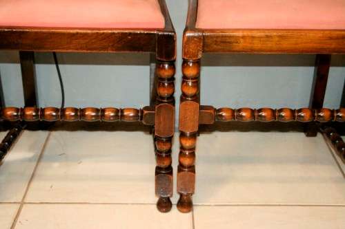Six rare antique Victorian solid oak hand carved chairs with barley-twist uprights - price / chair