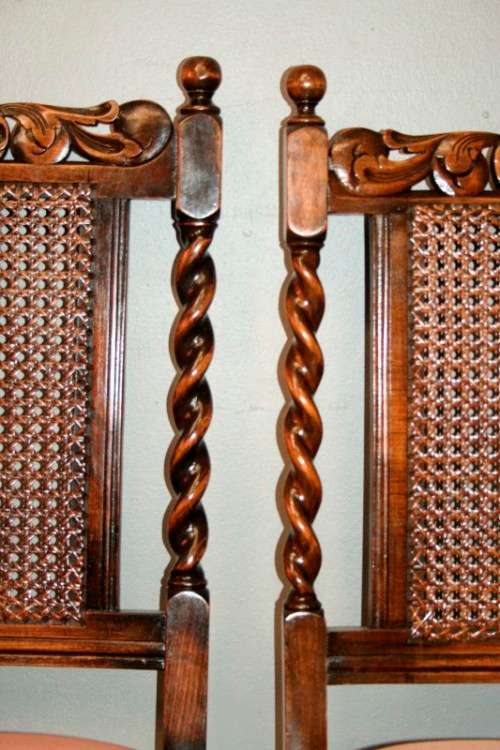 Six rare antique Victorian solid oak hand carved chairs with barley-twist uprights - price / chair
