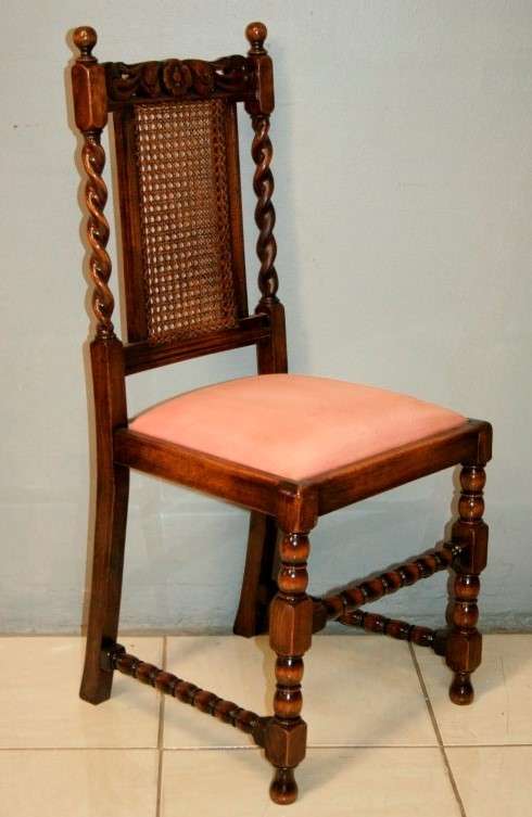 Six rare antique Victorian solid oak hand carved chairs with barley-twist uprights - price / chair