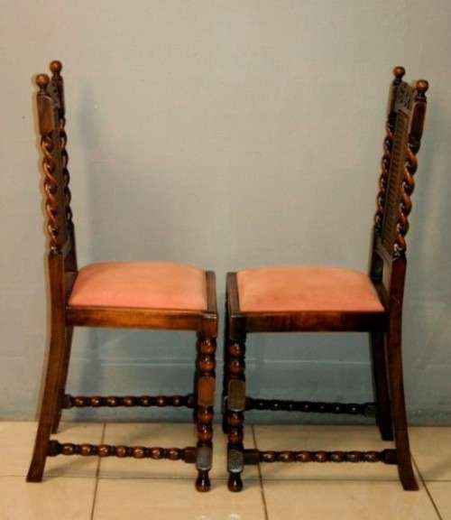 Six rare antique Victorian solid oak hand carved chairs with barley-twist uprights - price / chair
