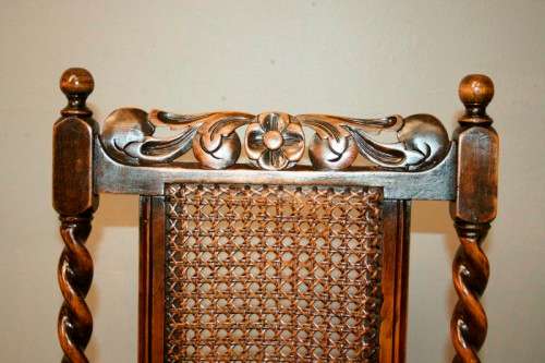 Six rare antique Victorian solid oak hand carved chairs with barley-twist uprights - price / chair