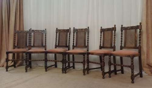 Six rare antique Victorian solid oak hand carved chairs with barley-twist uprights - price / chair