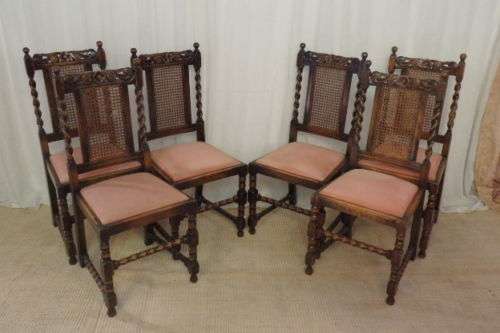 Six rare antique Victorian solid oak hand carved chairs with barley-twist uprights - price / chair