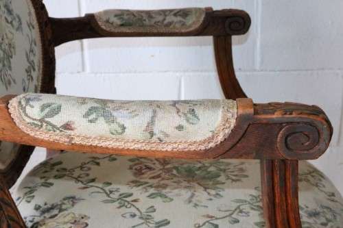 Magnificent antique Louis XIV solid Oak Fauteuil upholstered arm chair with intricate hand carving!
