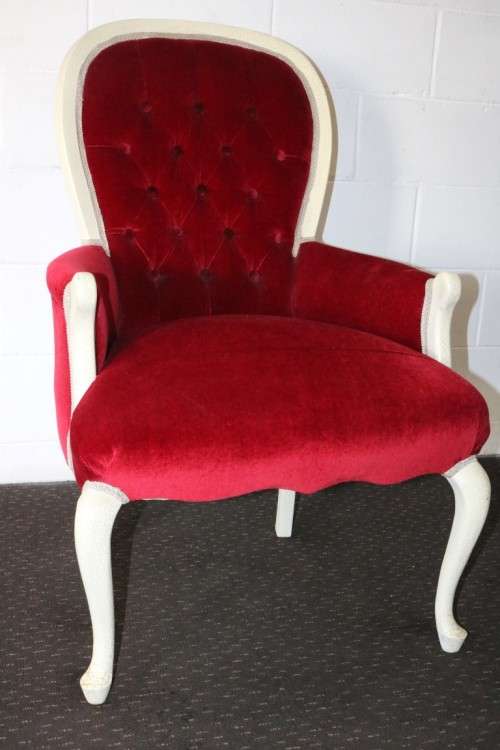 A gorgeous vintage solid wooden "Queen Anne" arm chair in a claret red velvet fabric - RS17Sale