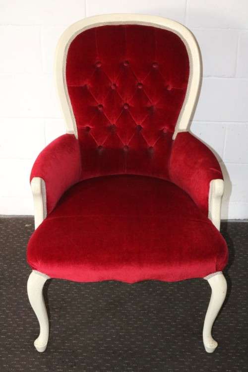 A gorgeous vintage solid wooden "Queen Anne" arm chair in a claret red velvet fabric - RS17Sale