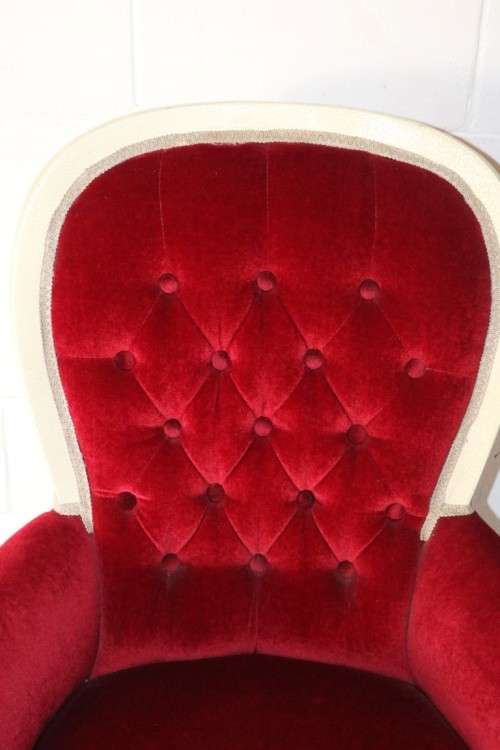 A gorgeous vintage solid wooden "Queen Anne" arm chair in a claret red velvet fabric - RS17Sale