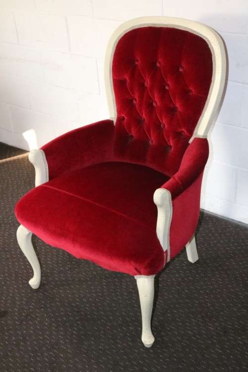 A gorgeous vintage solid wooden "Queen Anne" arm chair in a claret red velvet fabric - RS17Sale