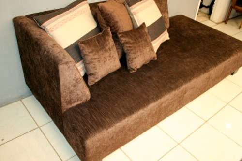 A superb modern (X-large) chocolate brown fabric couch w/ stunning cushions in exquisite condition