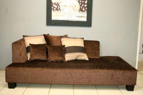 A superb modern (X-large) chocolate brown fabric couch w/ stunning cushions in exquisite condition