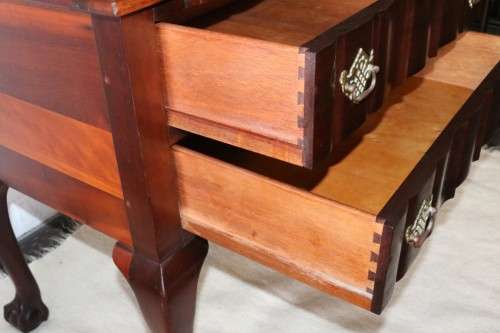 A fantastic antique (c.1935) Imbuia ball & claw fall-top writing bureau with two large drawers