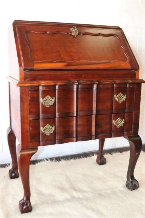 A fantastic antique (c.1935) Imbuia ball & claw fall-top writing bureau with two large drawers