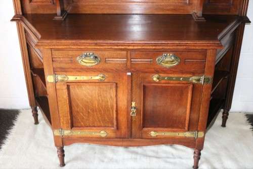 A superb antique Edwardian solid honeyed Oak buffet hutch server w/ spectacular brass embellishments