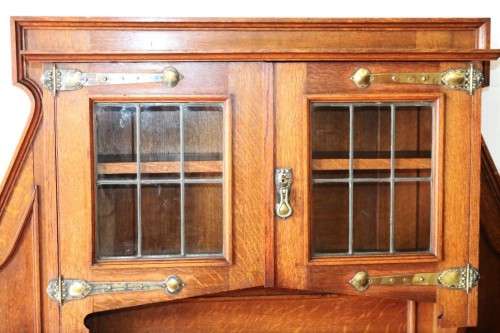 A superb antique Edwardian solid honeyed Oak buffet hutch server w/ spectacular brass embellishments