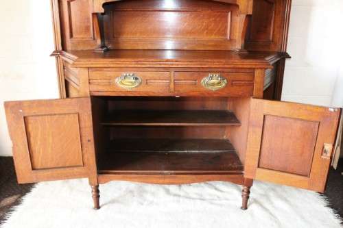 A superb antique Edwardian solid honeyed Oak buffet hutch server w/ spectacular brass embellishments