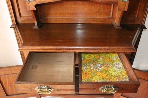 A superb antique Edwardian solid honeyed Oak buffet hutch server w/ spectacular brass embellishments