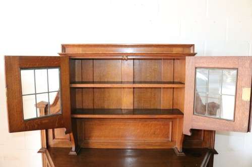 A superb antique Edwardian solid honeyed Oak buffet hutch server w/ spectacular brass embellishments