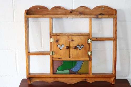 A wonderful vintage solid Oregon medicine/ vanity wall cabinet with two doors and stained glass