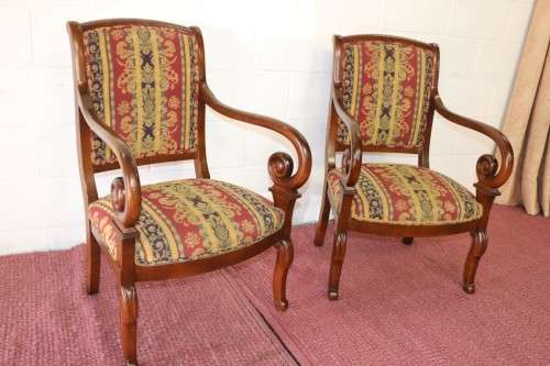 Two magnificent vintage upholstered carver chairs with hand carved detailing - WOW! - price/chair
