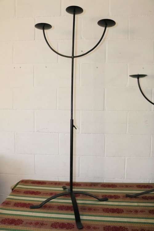 Two awesome tall extendable black wrought iron three-candle candle stands - bid/stand - RS17Sale