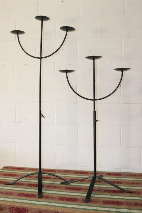 Two awesome tall extendable black wrought iron three-candle candle stands - bid/stand - RS17Sale