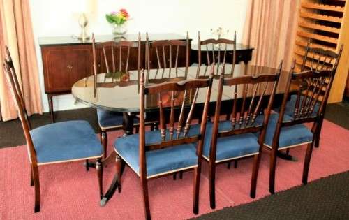 A superb french lacquered dining room suite incl extendable table, 8x chairs, buffet & extension
