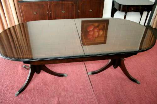 A superb french lacquered dining room suite incl extendable table, 8x chairs, buffet & extension