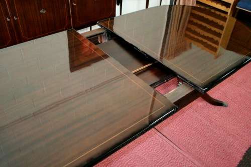 A superb french lacquered dining room suite incl extendable table, 8x chairs, buffet & extension