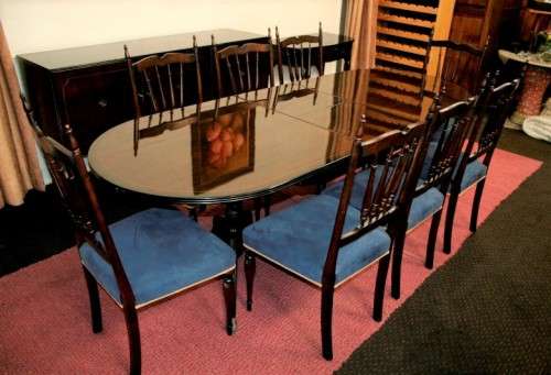 A superb french lacquered dining room suite incl extendable table, 8x chairs, buffet & extension