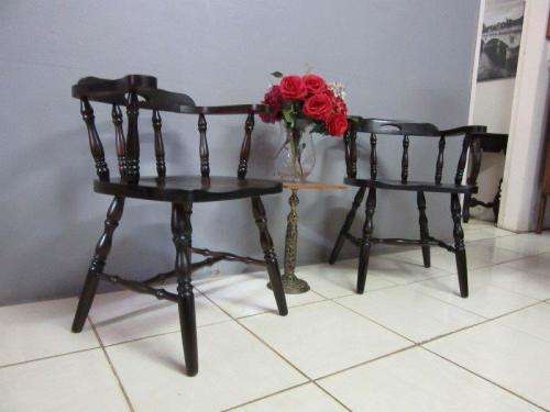 2x vintage ebony stained teak barrel-back firehouse captains (Caboose) chairs; bid/ chair - RS17Sale