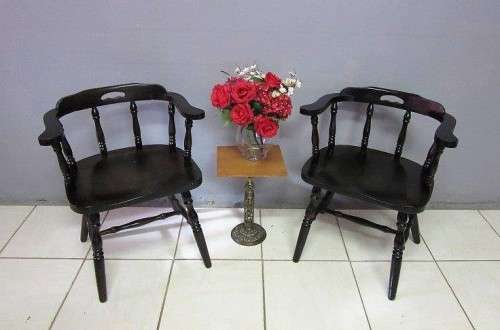 2x vintage ebony stained teak barrel-back firehouse captains (Caboose) chairs; bid/ chair - RS17Sale