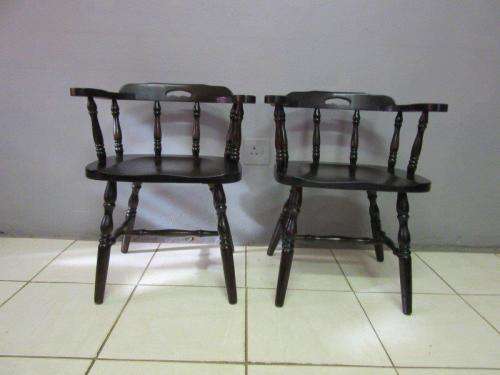 2x vintage ebony stained teak barrel-back firehouse captains (Caboose) chairs; bid/ chair - RS17Sale