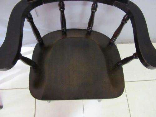 2x vintage ebony stained teak barrel-back firehouse captains (Caboose) chairs; bid/ chair - RS17Sale