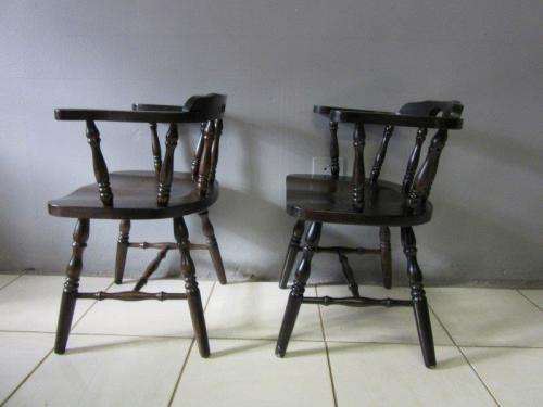 2x vintage ebony stained teak barrel-back firehouse captains (Caboose) chairs; bid/ chair - RS17Sale